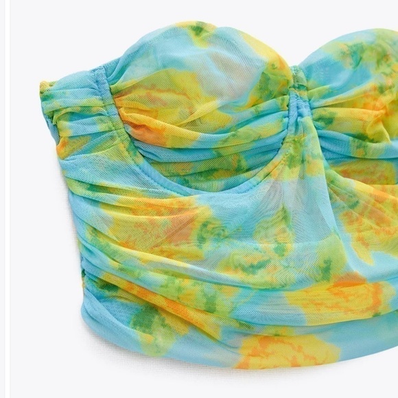 ZARA - TULLE MESH CORSET FLORAL CROPPED TOP green yellow blue neon Sz Large - Picture 4 of 12